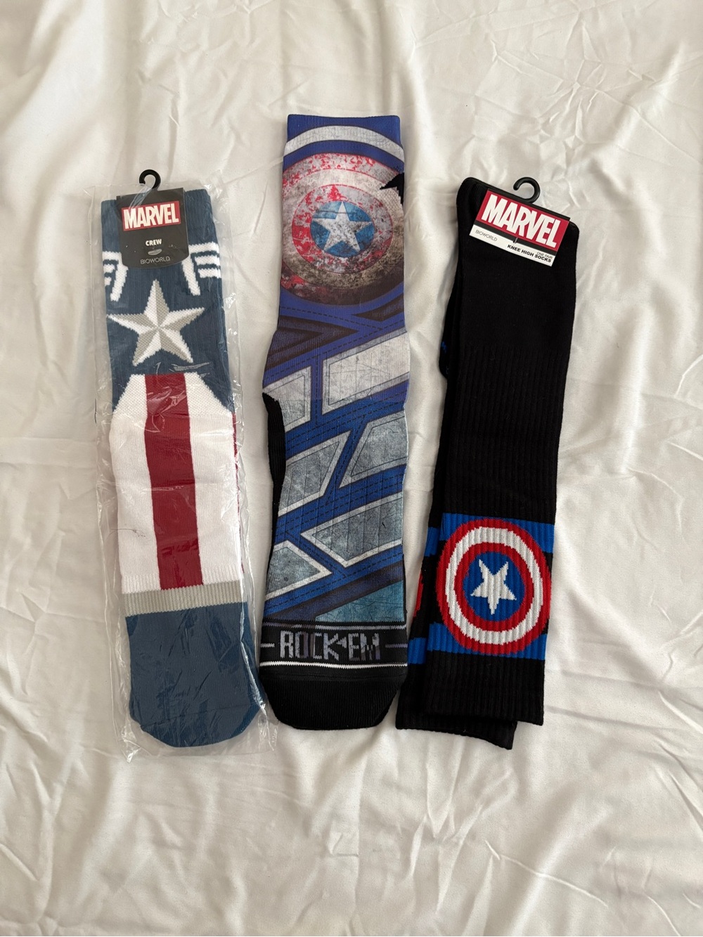 3 pair! Marvel Captain America Socks Trio various lengths / sizes MCU Avengers
